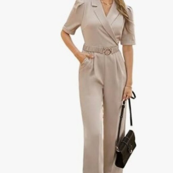 SHEIN Pants - SHEIN Beige Belted Utility Jumpsuit Short Sleeve Wide Leg EU 40 US 8 10